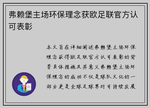 弗赖堡主场环保理念获欧足联官方认可表彰